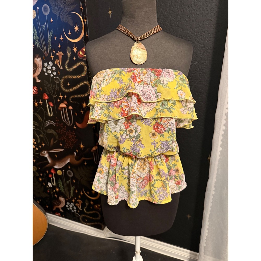 Every 1 Yellow Floral Ruffle Strapless Tube Top Peplum Boho Summer Blouse